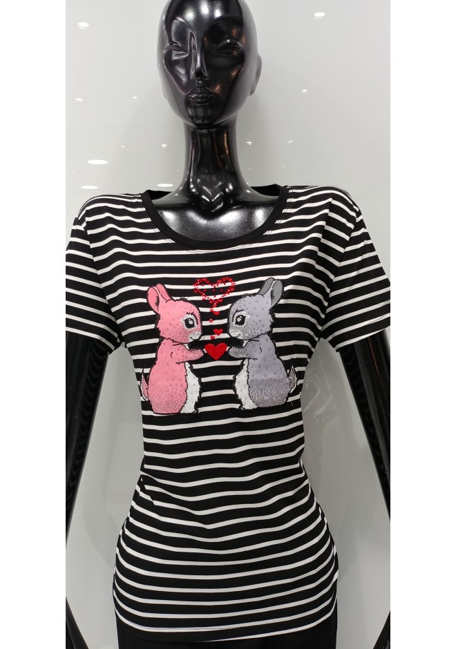 ΑΣΠΡΟΜΑΥΡΟ T-SHIRT ΜΕ ΡΙΓΕΣ